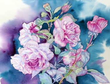 Картина под названием "delicate roses" - Tatyana Pustovit, Подлинное произведение искусства, Акварель