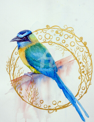 Картина под названием "Blue tropical bird" - Tatyana Pustovit, Подлинное произведение искусства, Акварель