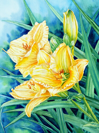 Картина под названием "yellow lilies" - Tatyana Pustovit, Подлинное произведение искусства, Акварель
