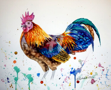 Картина под названием "Bright Colorful Roo…" - Tatyana Pustovit, Подлинное произведение искусства, Акварель