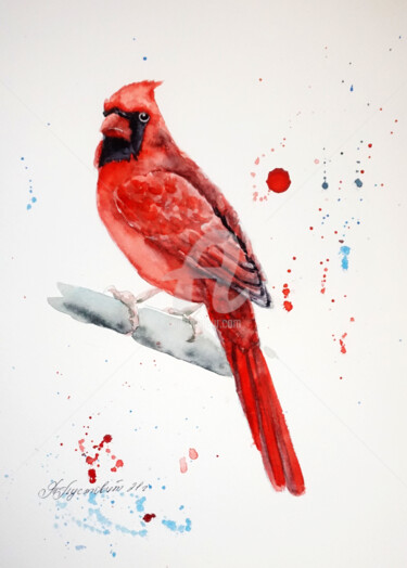 Картина под названием "The Red Cardinal Bi…" - Tatyana Pustovit, Подлинное произведение искусства, Акварель