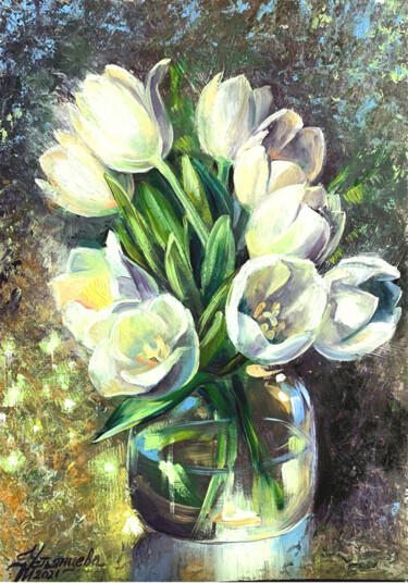 Pittura intitolato "White Tulips Oil Pa…" da Tatyana Ustyantseva, Opera d'arte originale, Olio