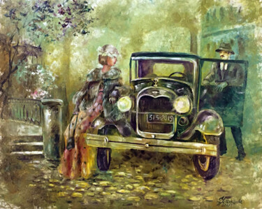 Malerei mit dem Titel "Retro Car Oil Paint…" von Tatyana Ustyantseva, Original-Kunstwerk, Öl