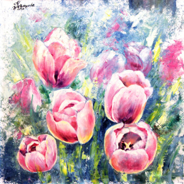 Painting titled "Pink Tulips Oil Pai…" by Tatyana Ustyantseva, Original Artwork, Oil
