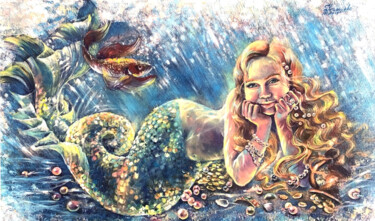 Schilderij getiteld "Mermaid Oil Paintin…" door Tatyana Ustyantseva, Origineel Kunstwerk, Olie