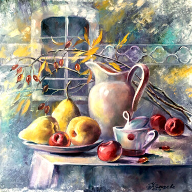 Painting titled "Pears and plums sti…" by Tatyana Ustyantseva, Original Artwork, Oil