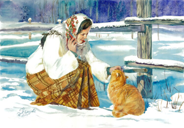 Pintura intitulada "Warm winter waterco…" por Tatyana Ustyantseva, Obras de arte originais, Aquarela