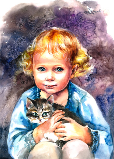 Malerei mit dem Titel "enfant peinture _ c…" von Tatyana Ustyantseva, Original-Kunstwerk, Aquarell