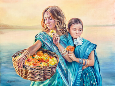 Pintura intitulada "Indian women painti…" por Tatyana Ustyantseva, Obras de arte originais, Óleo