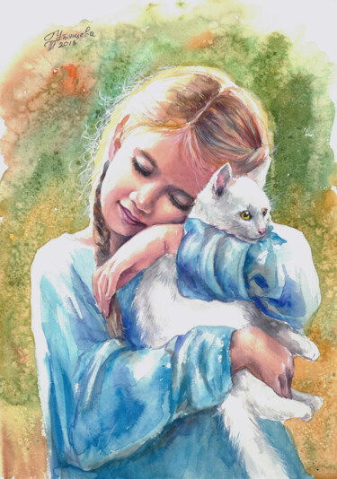 Painting titled "Girl painting water…" by Tatyana Ustyantseva, Original Artwork, Watercolor
