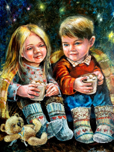 Картина под названием "children painting o…" - Tatyana Ustyantseva, Подлинное произведение искусства, Масло