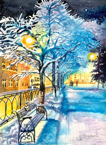 Malerei mit dem Titel "Winter park waterco…" von Tatyana Ustyantseva, Original-Kunstwerk, Aquarell