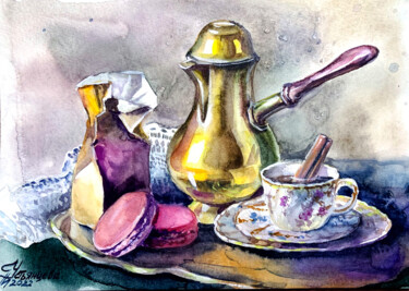 Schilderij getiteld "Coffee time waterco…" door Tatyana Ustyantseva, Origineel Kunstwerk, Aquarel