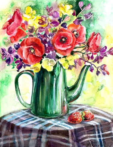 Pintura intitulada "Poppies Painting Fl…" por Tatyana Ustyantseva, Obras de arte originais, Aquarela