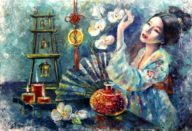 Pittura intitolato "Orchid painting" da Tatyana Ustyantseva, Opera d'arte originale, Olio