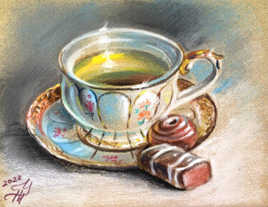 Painting titled "cup of tea pastel p…" by Tatyana Ustyantseva, Original Artwork, Pastel