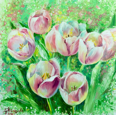 Pintura intitulada "tulips oil painting" por Tatyana Ustyantseva, Obras de arte originais, Óleo