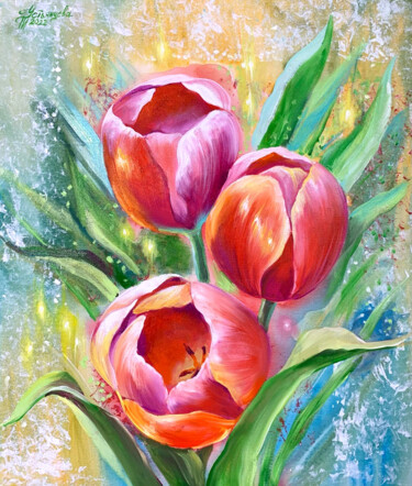 Pintura titulada "Red Tulips painting" por Tatyana Ustyantseva, Obra de arte original, Oleo