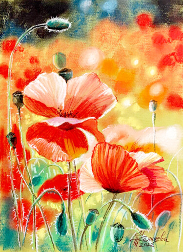 Painting titled "summer flowers pain…" by Tatyana Ustyantseva, Original Artwork, Pastel