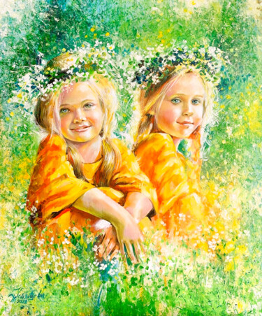 Schilderij getiteld "Sunny girls oil pai…" door Tatyana Ustyantseva, Origineel Kunstwerk, Olie