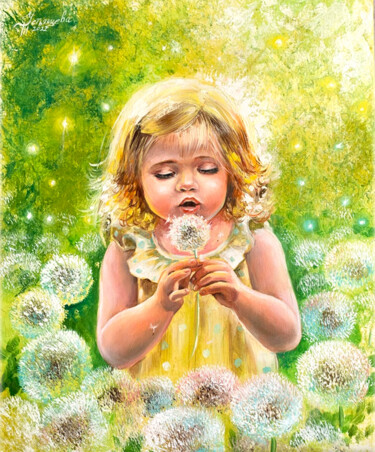 Картина под названием "dandelions oil pain…" - Tatyana Ustyantseva, Подлинное произведение искусства, Масло