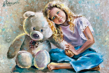 Painting titled "Girl with a teddy b…" by Tatyana Ustyantseva, Original Artwork, Oil