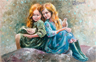 Pintura titulada "Girls and pigeons o…" por Tatyana Ustyantseva, Obra de arte original, Oleo