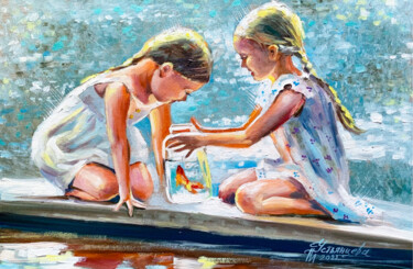 Schilderij getiteld "Goldfish oil painti…" door Tatyana Ustyantseva, Origineel Kunstwerk, Olie