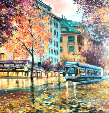 Pittura intitolato "autumn cityscape oi…" da Tatyana Ustyantseva, Opera d'arte originale, Olio