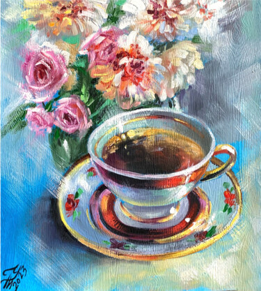 Malerei mit dem Titel "Cup of tea oil pain…" von Tatyana Ustyantseva, Original-Kunstwerk, Öl