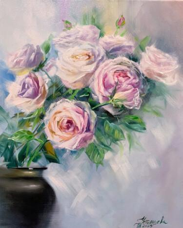 Peinture intitulée "Roses in a dark vase" par Tatyana Ustyantseva, Œuvre d'art originale, Huile