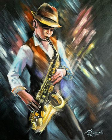 Pittura intitolato "Saxophonist" da Tatyana Ustyantseva, Opera d'arte originale, Olio