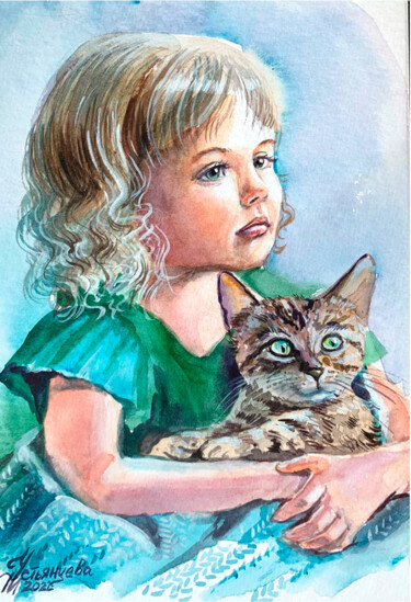 Peinture intitulée "girl and cat waterc…" par Tatyana Ustyantseva, Œuvre d'art originale, Aquarelle