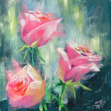 Schilderij getiteld "Flowers Roses Oil P…" door Tatyana Ustyantseva, Origineel Kunstwerk, Olie