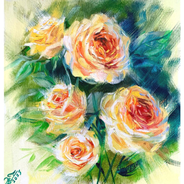 Malerei mit dem Titel "Golden Roses" von Tatyana Ustyantseva, Original-Kunstwerk, Öl