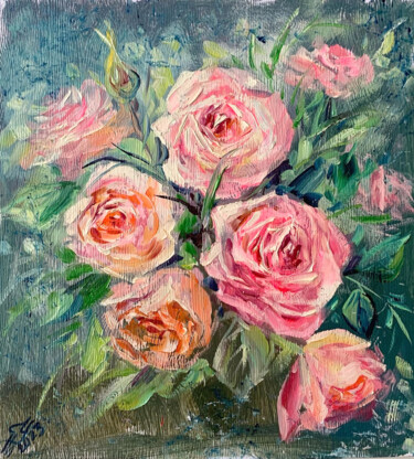Painting titled "Pink flowers roses…" by Tatyana Ustyantseva, Original Artwork, Oil