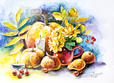 Schilderij getiteld "Autumn illustration" door Tatyana Ustyantseva, Origineel Kunstwerk, Aquarel