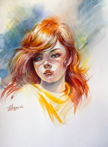 Painting titled "Portrait red-haired…" by Tatyana Ustyantseva, Original Artwork, Watercolor