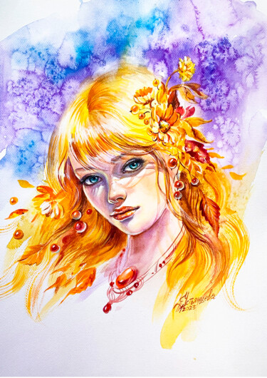 Painting titled "Woman Autumn waterc…" by Tatyana Ustyantseva, Original Artwork, Watercolor