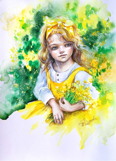 Malerei mit dem Titel "Girl watercolor pai…" von Tatyana Ustyantseva, Original-Kunstwerk, Aquarell