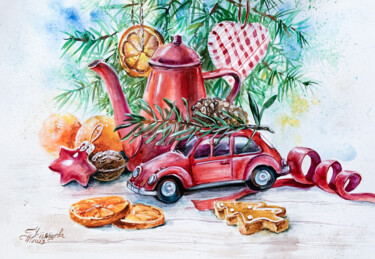 Ζωγραφική με τίτλο "Christmas still lif…" από Tatyana Ustyantseva, Αυθεντικά έργα τέχνης, Ακουαρέλα