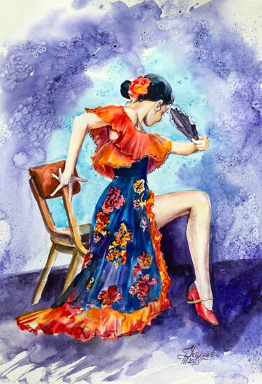 Pintura intitulada "Flamenco watercolor…" por Tatyana Ustyantseva, Obras de arte originais, Aquarela