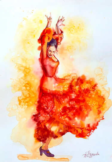 Pittura intitolato "Flamenco dance" da Tatyana Ustyantseva, Opera d'arte originale, Acquarello