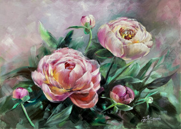 Painting titled "Pink Peonies" by Tatyana Ustyantseva, Original Artwork, Oil