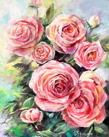 绘画 标题为“Pink Roses” 由Tatyana Ustyantseva, 原创艺术品, 油