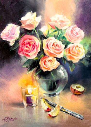 Painting titled "Roses in a vase and…" by Tatyana Ustyantseva, Original Artwork, Oil