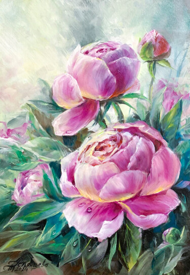 Painting titled "Pink peonies and dew" by Tatyana Ustyantseva, Original Artwork, Oil