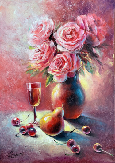 Painting titled "Red Still Life with…" by Tatyana Ustyantseva, Original Artwork, Oil