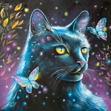 绘画 标题为“Black Cat and butte…” 由Tatyana Ustyantseva, 原创艺术品, 油
