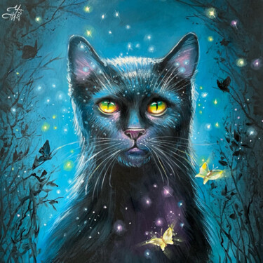 Schilderij getiteld "Black Cat" door Tatyana Ustyantseva, Origineel Kunstwerk, Olie